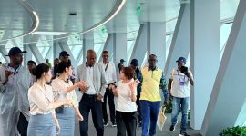 Photo shows African youth media representatives visiting the Daze Lake International Talent Community in Wangcheng District of Changsha City, central China's Hunan Province.
